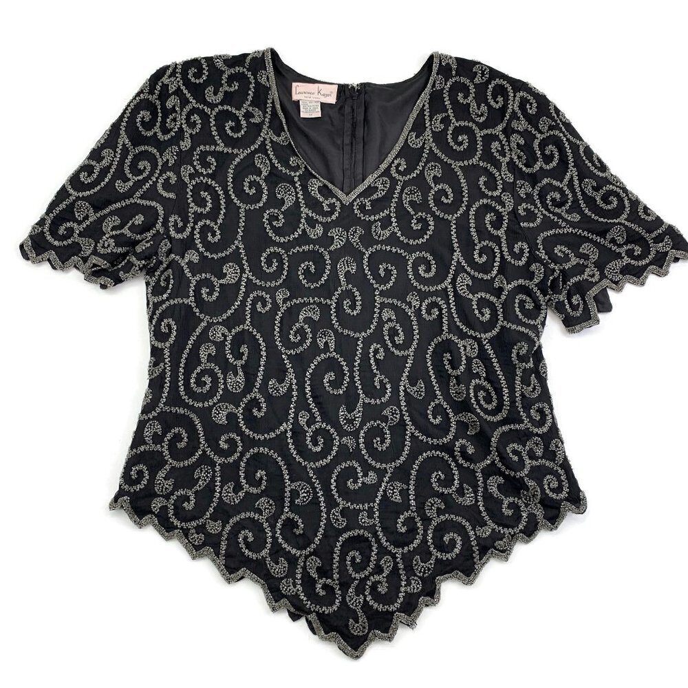 Laurence Kazar Fully Beaded Short Sleeve Formal V-Neck Silk Top Women's Size 1X